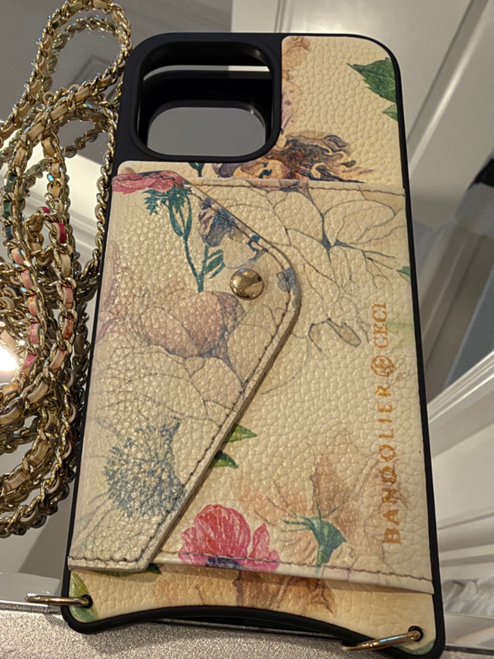 Bandolier x Cece Cream Floral Leather 14 Pro Max Phone Case with Gold Chain